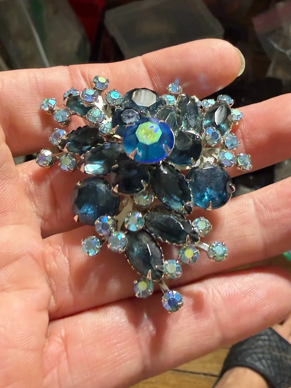 Vintage Silver Tone Flower Blue Navette Aurora Borealis Rhinestone 1930s Brooch
